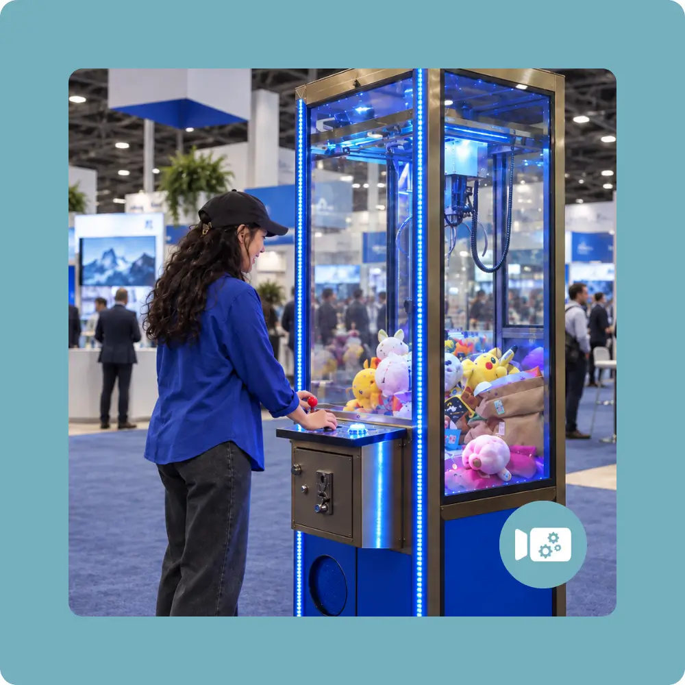 Woman playing a blue claw machine filled with plush toys at a Chattanooga trade show