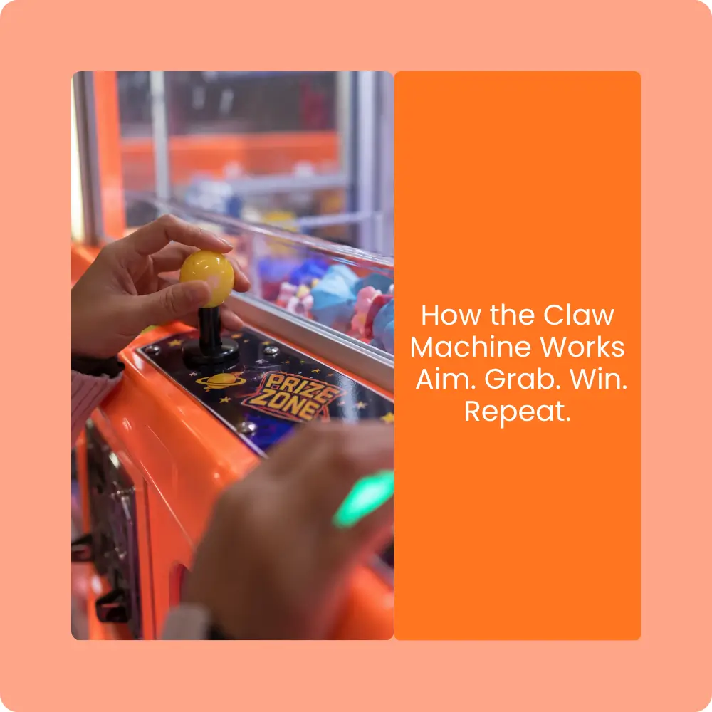 Close-up of hands guiding the joystick on an orange claw machine rental