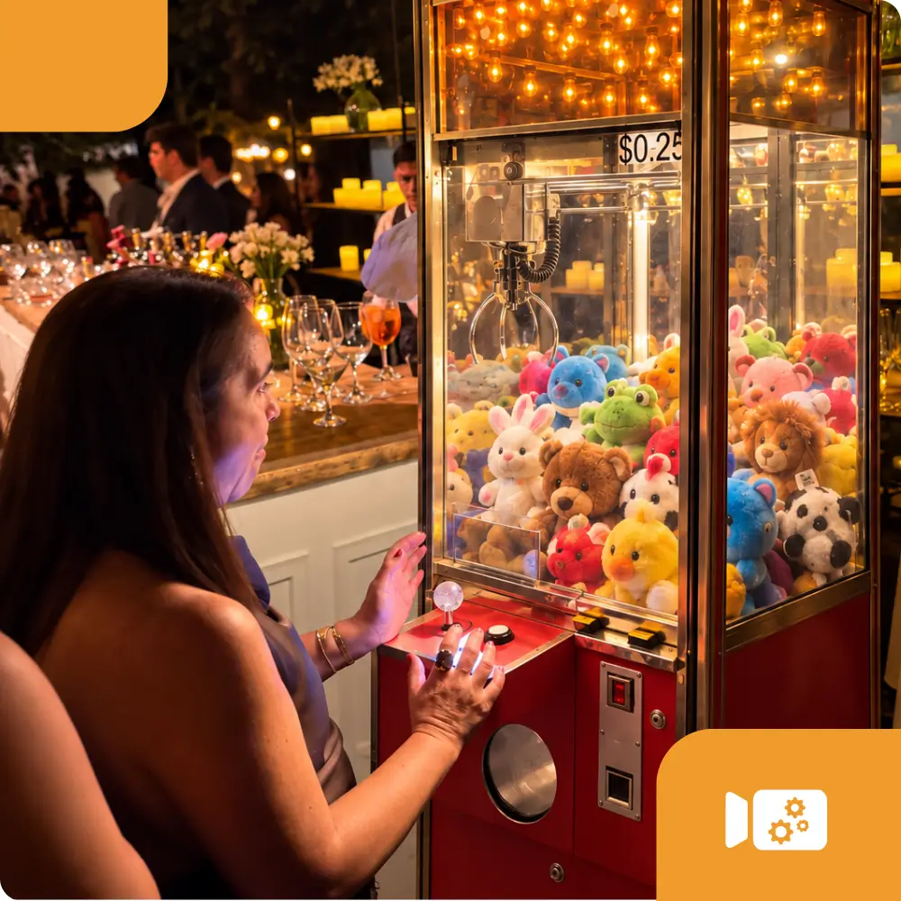 Guest playing a red and gold claw machine at an evening event