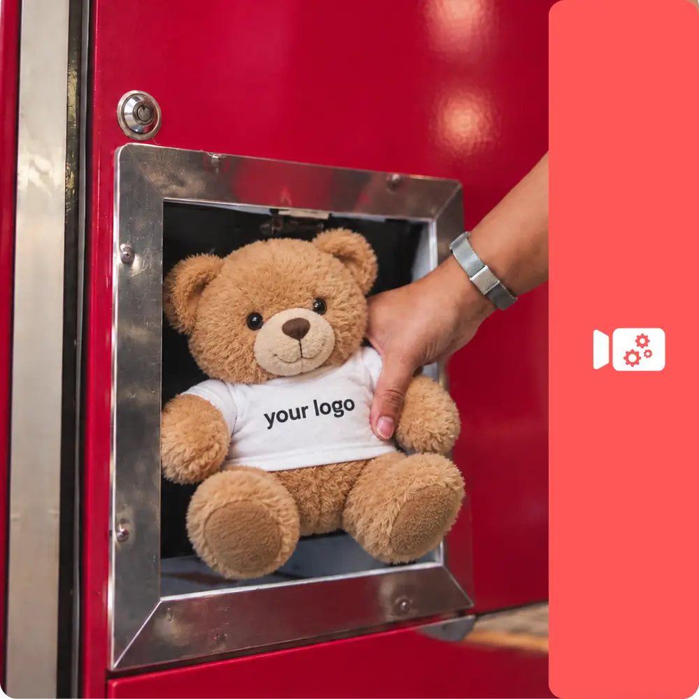 Teddy bear prize wearing a custom branded logo shirt from a claw machine rental