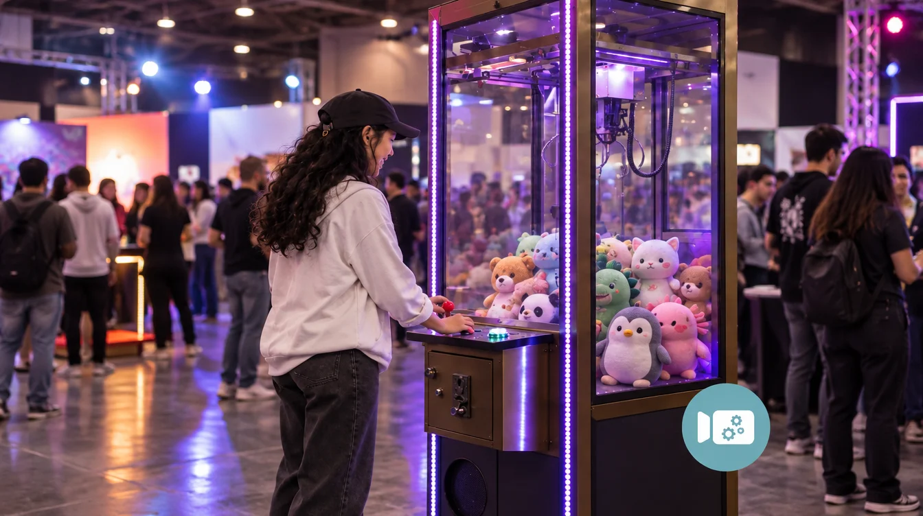 Woman playing a claw machine filled with plush toys at a convention booth