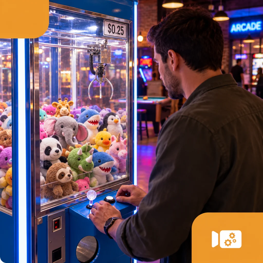 Man playing a quarter claw machine stocked with plush toys at an arcade